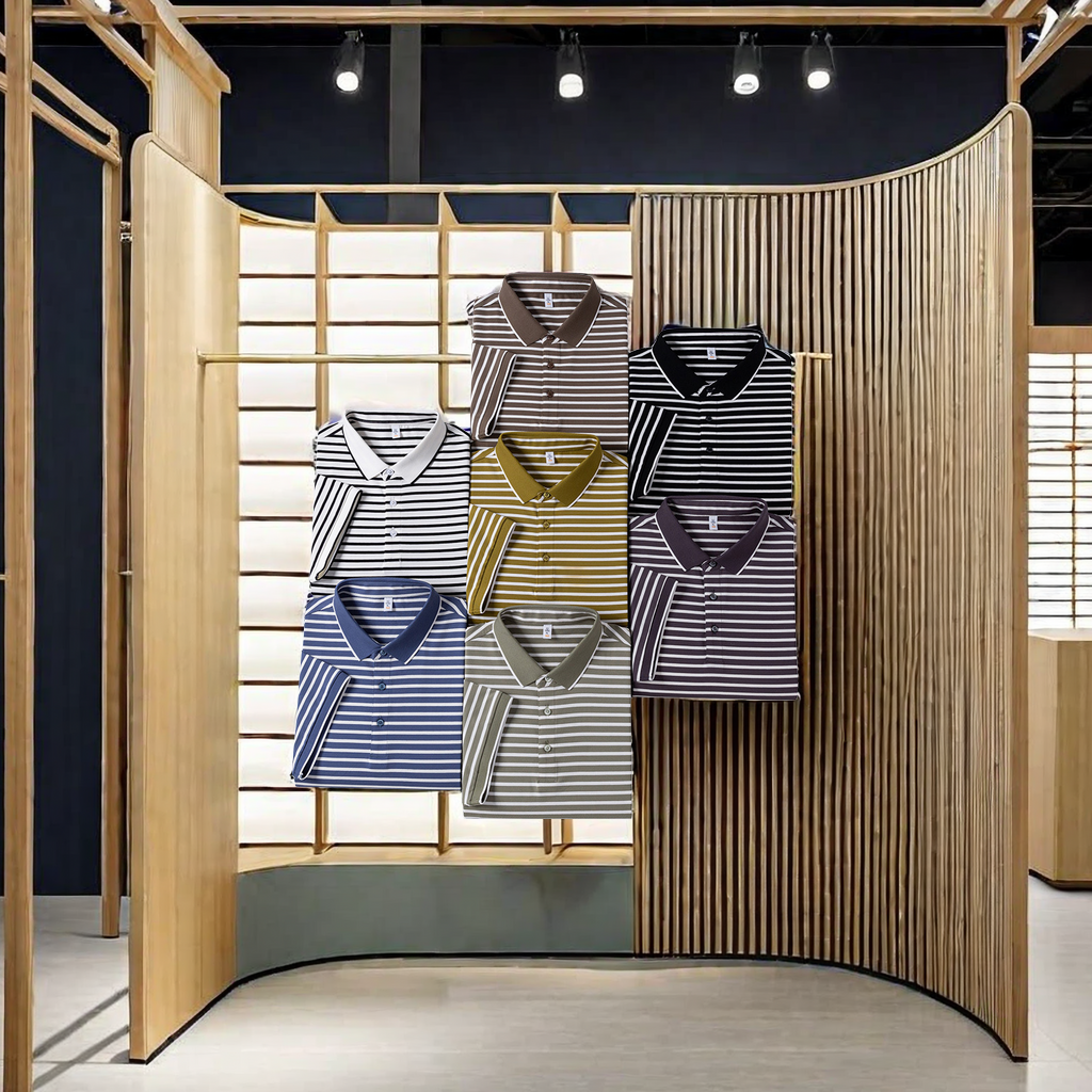 The newly selected men's summer short-sleeved T-shirts are made of Xinjiang cotton, featuring a simple and elegant striped design. They are loose, comfortable and wrinkle-resistant. The men's POLO shirts are selling well details Picture