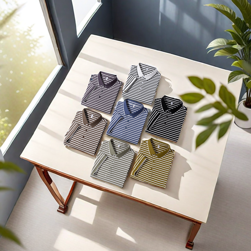 The newly selected men's summer short-sleeved T-shirts are made of Xinjiang cotton, featuring a simple and elegant striped design. They are loose, comfortable and wrinkle-resistant. The men's POLO shirts are selling well Specification image