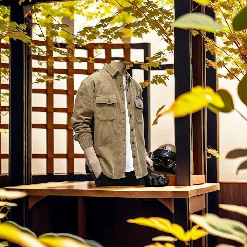 The new men's corduroy shirt from Spring and Autumn is a Japanese retro casual and versatile workwear long-sleeved top. It pairs well with a down jacket for warmth and fashion details Picture