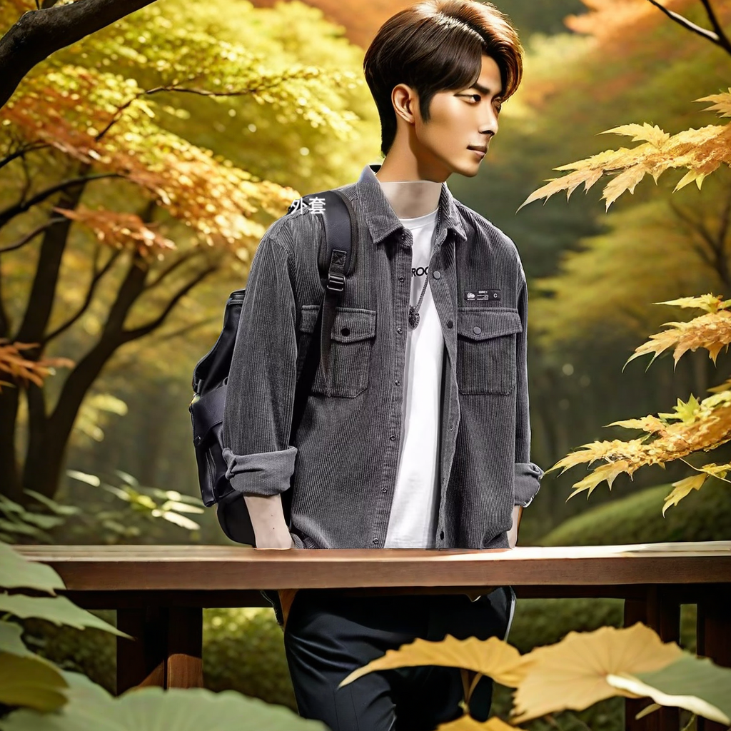 The new men's corduroy shirt from Spring and Autumn is a Japanese retro casual and versatile workwear long-sleeved top. It pairs well with a down jacket for warmth and fashion Specification image