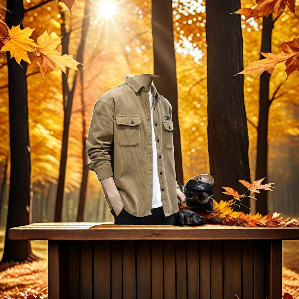 The new men's corduroy shirt from Spring and Autumn is a Japanese retro casual and versatile workwear long-sleeved top. It pairs well with a down jacket for warmth and fashion Application Scenario
