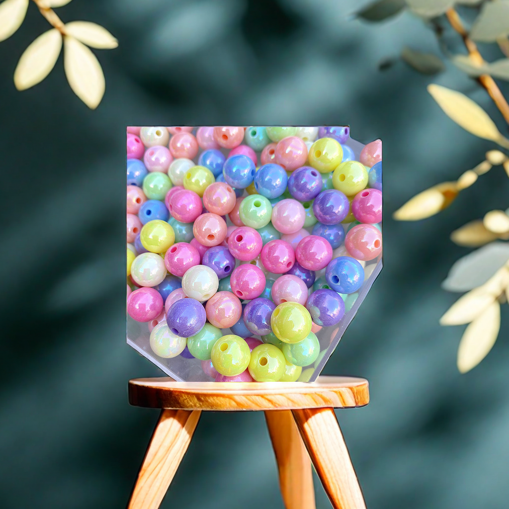 Electroplated AB color acrylic round beads, iridescent color DIY string beads, wholesale plastic loose beads, handcrafted materials, Gongfu tea set decoration acrylic beads details Picture