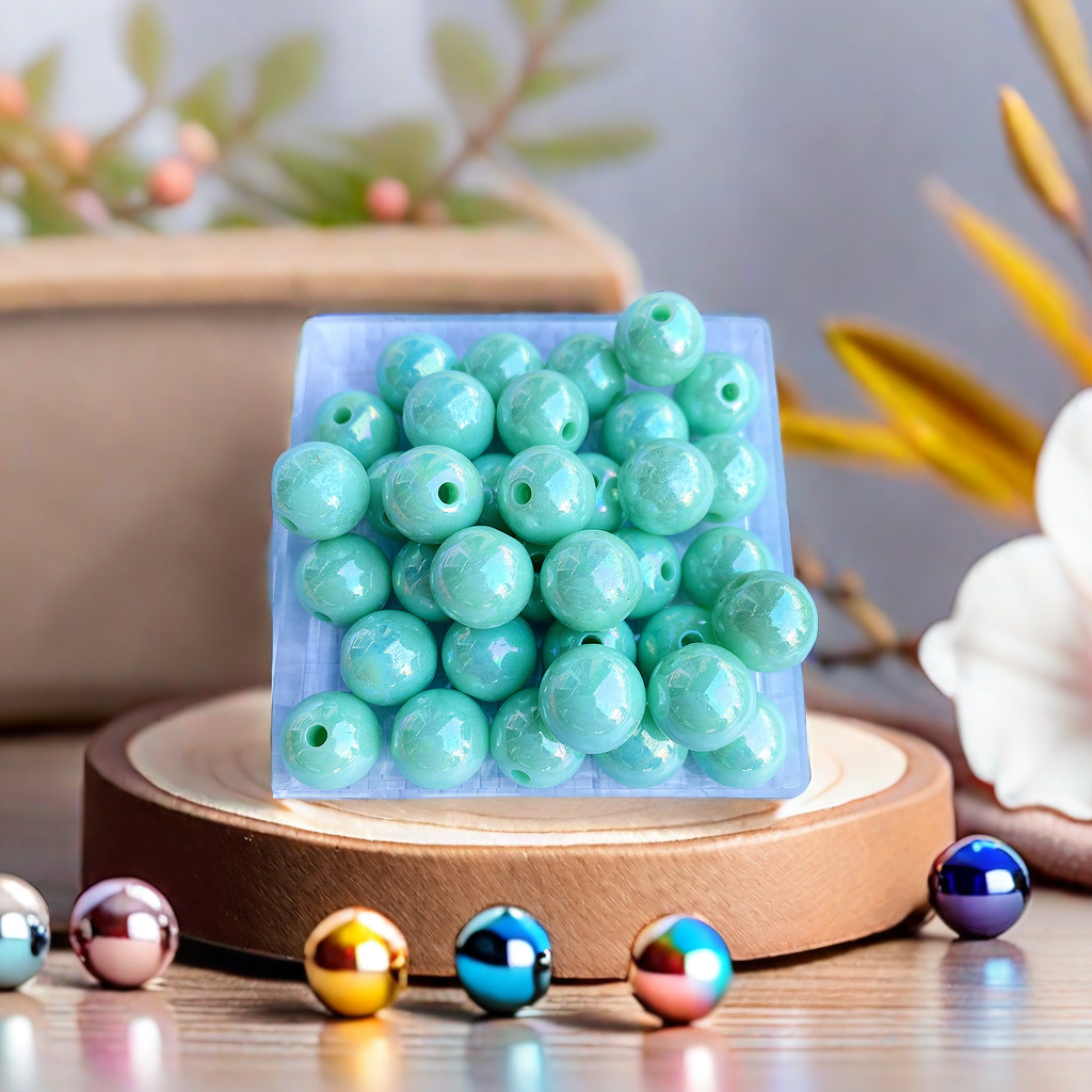 Electroplated AB color acrylic round beads, iridescent color DIY string beads, wholesale plastic loose beads, handcrafted materials, Gongfu tea set decoration acrylic beads Specification image