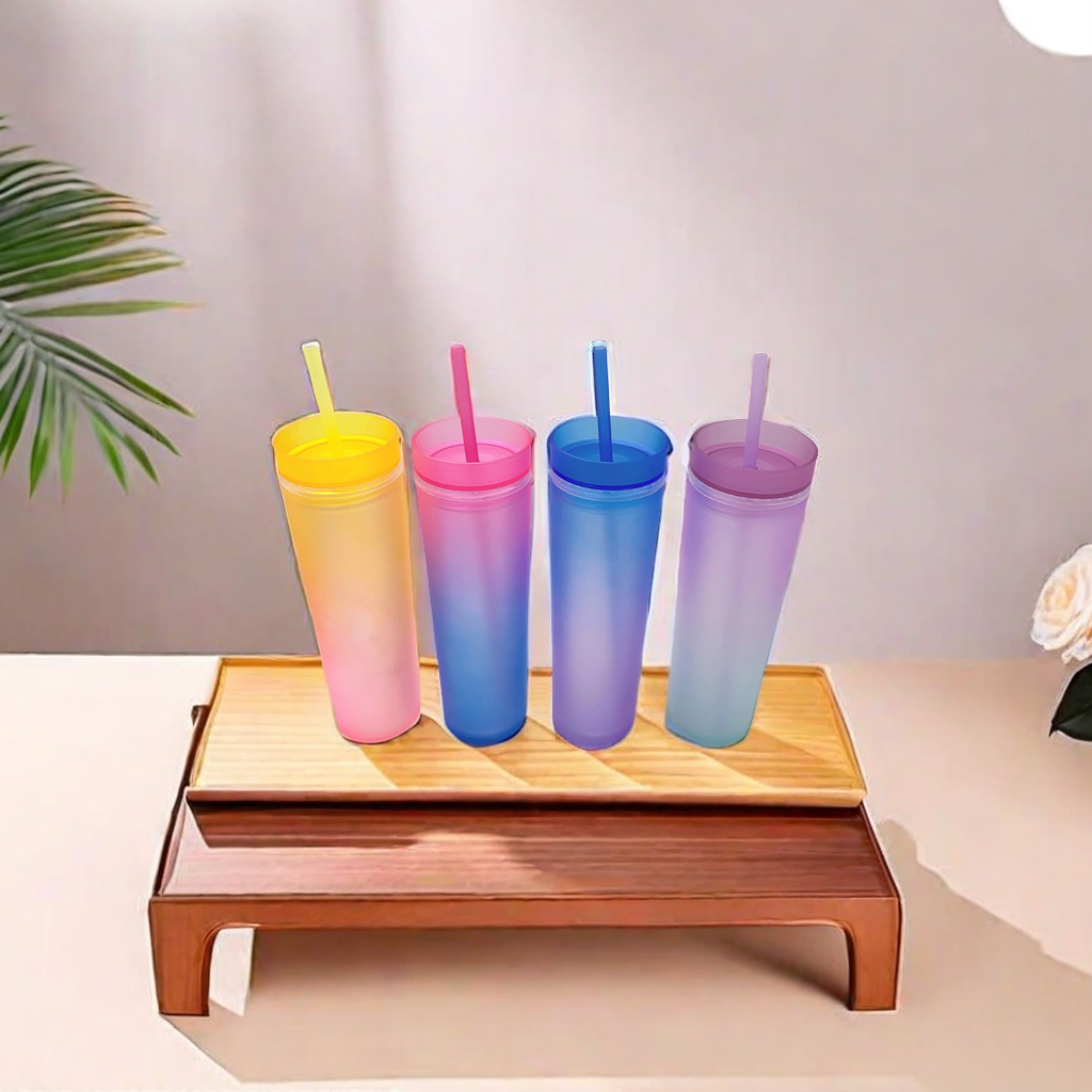 2022新款亚马逊跨境热销 渐变彩虹色双层气泡水杯 细长杯塑料吸管杯 搭配独特蜡烛设计