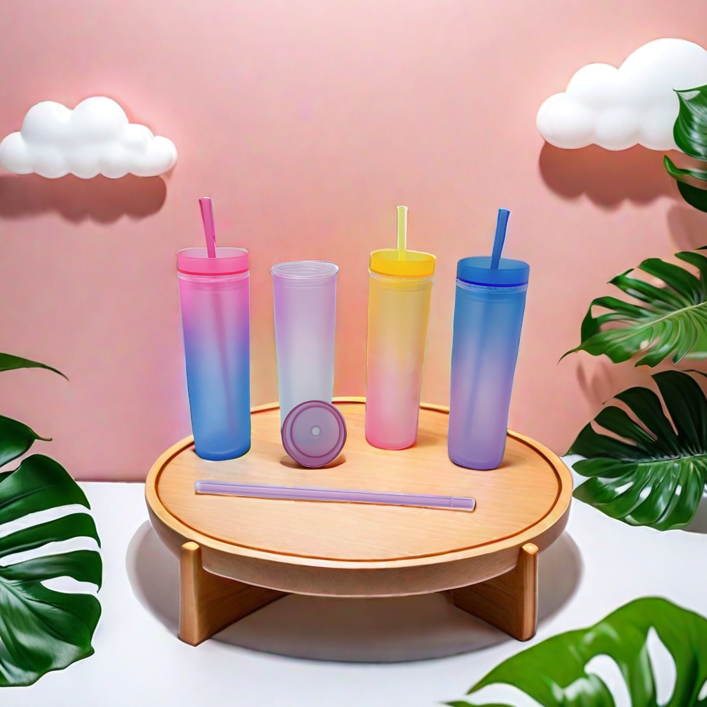 The 2022 new Amazon cross-border best-selling gradient rainbow-colored double-layer sparkling water cup is a slender plastic straw cup with a unique candle design Application Scenario