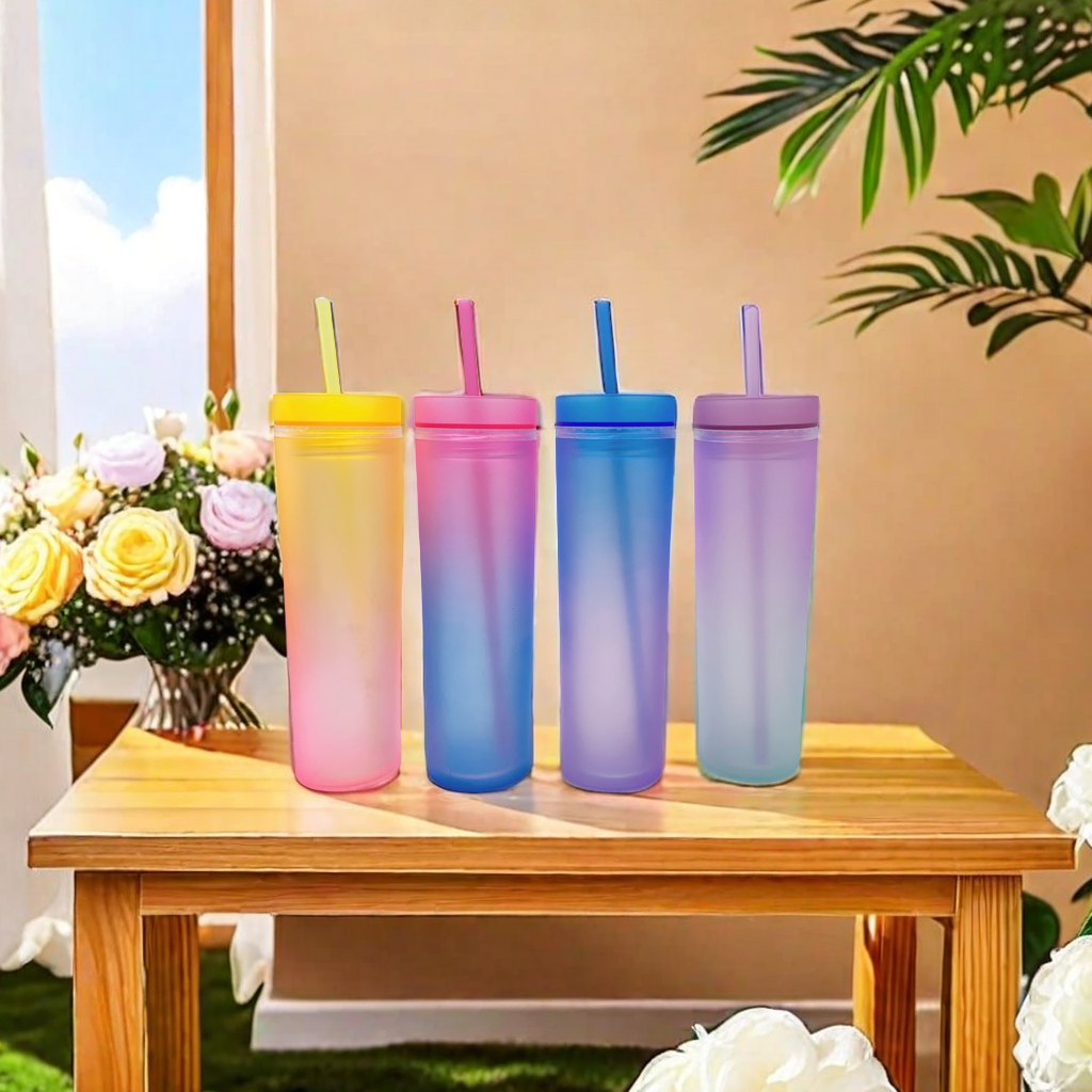 The 2022 new Amazon cross-border best-selling gradient rainbow-colored double-layer sparkling water cup is a slender plastic straw cup with a unique candle design Item Picture