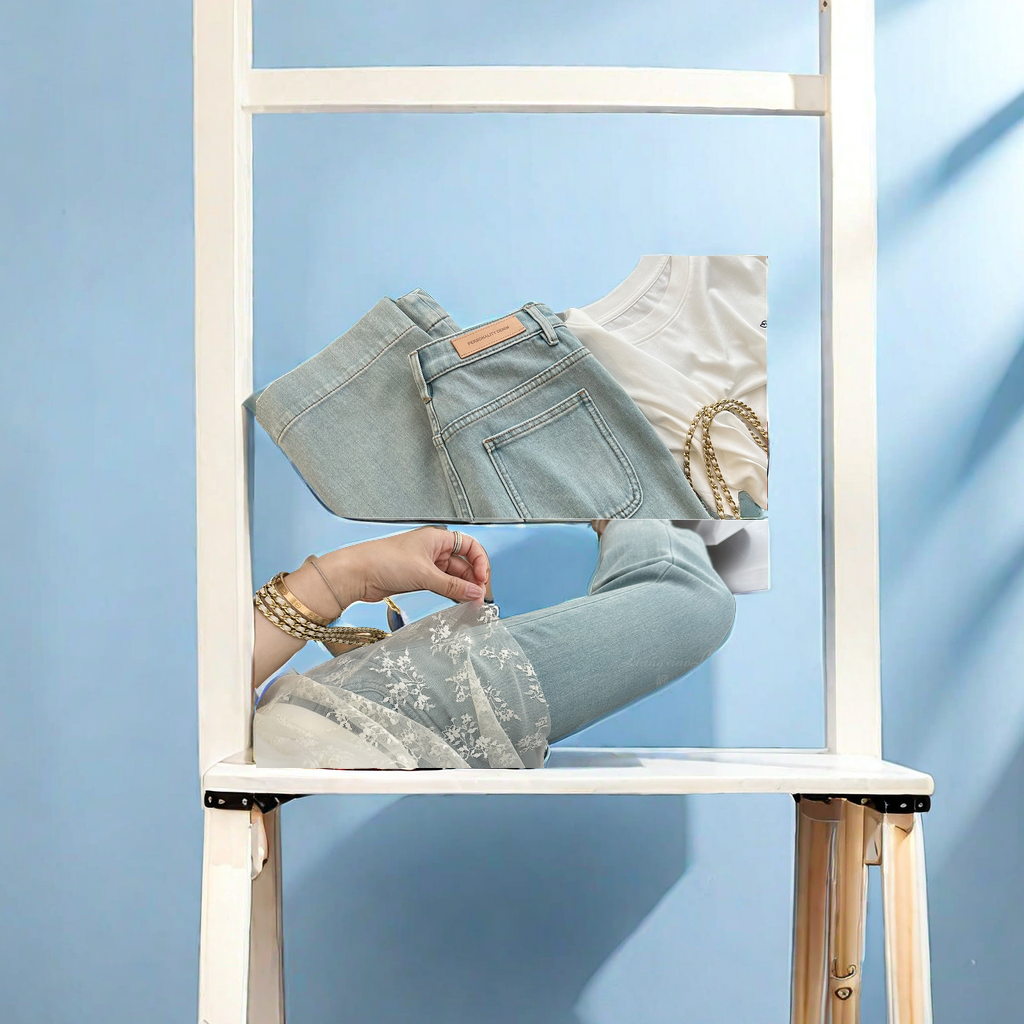 DN high-quality filter light blue four-sided elastic slimming 9-point fishtail baguette pants for women with a front pocket design that is not tight, fashionable and trendy jeans details Picture