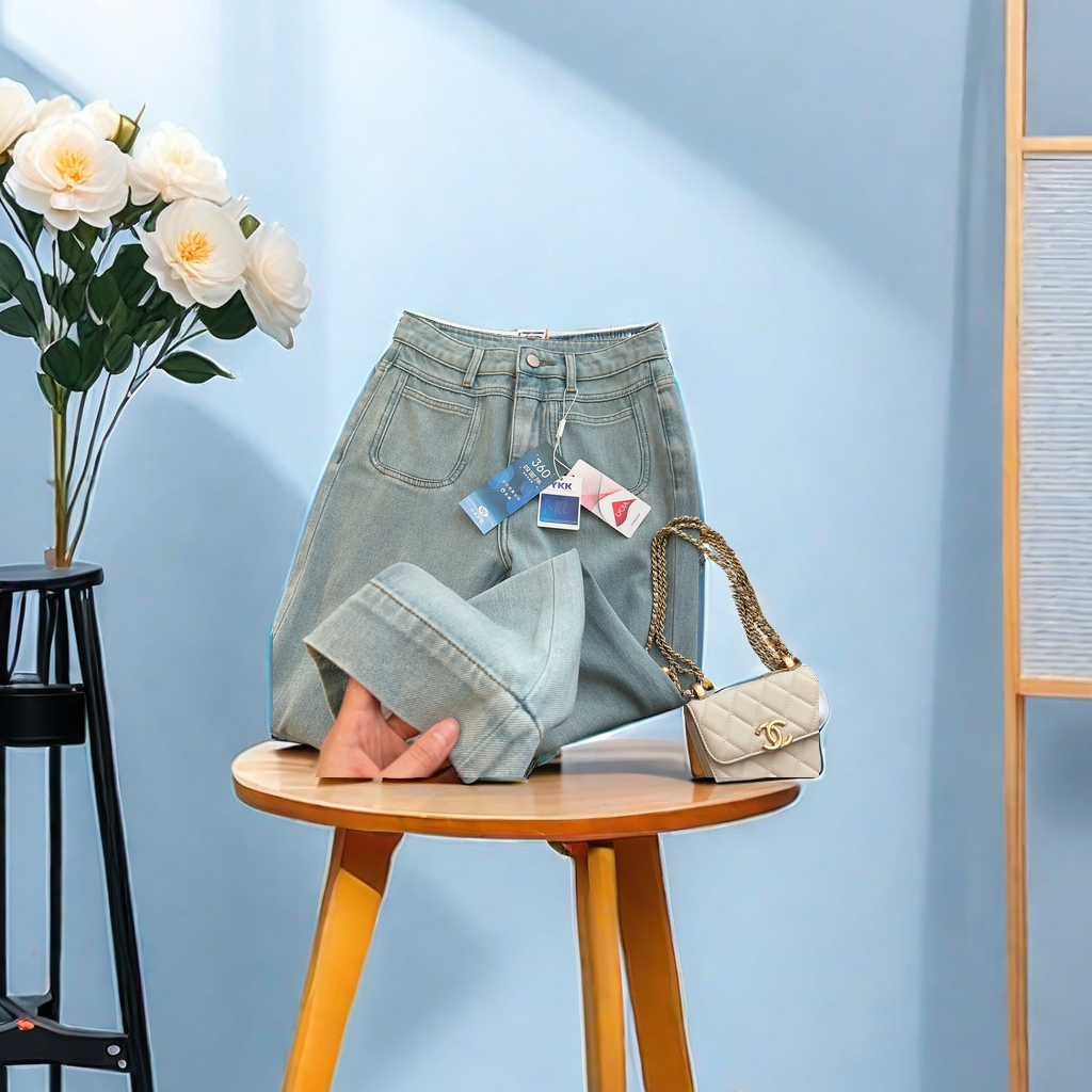 DN high-quality filter light blue four-sided elastic slimming 9-point fishtail baguette pants for women with a front pocket design that is not tight, fashionable and trendy jeans Specification image