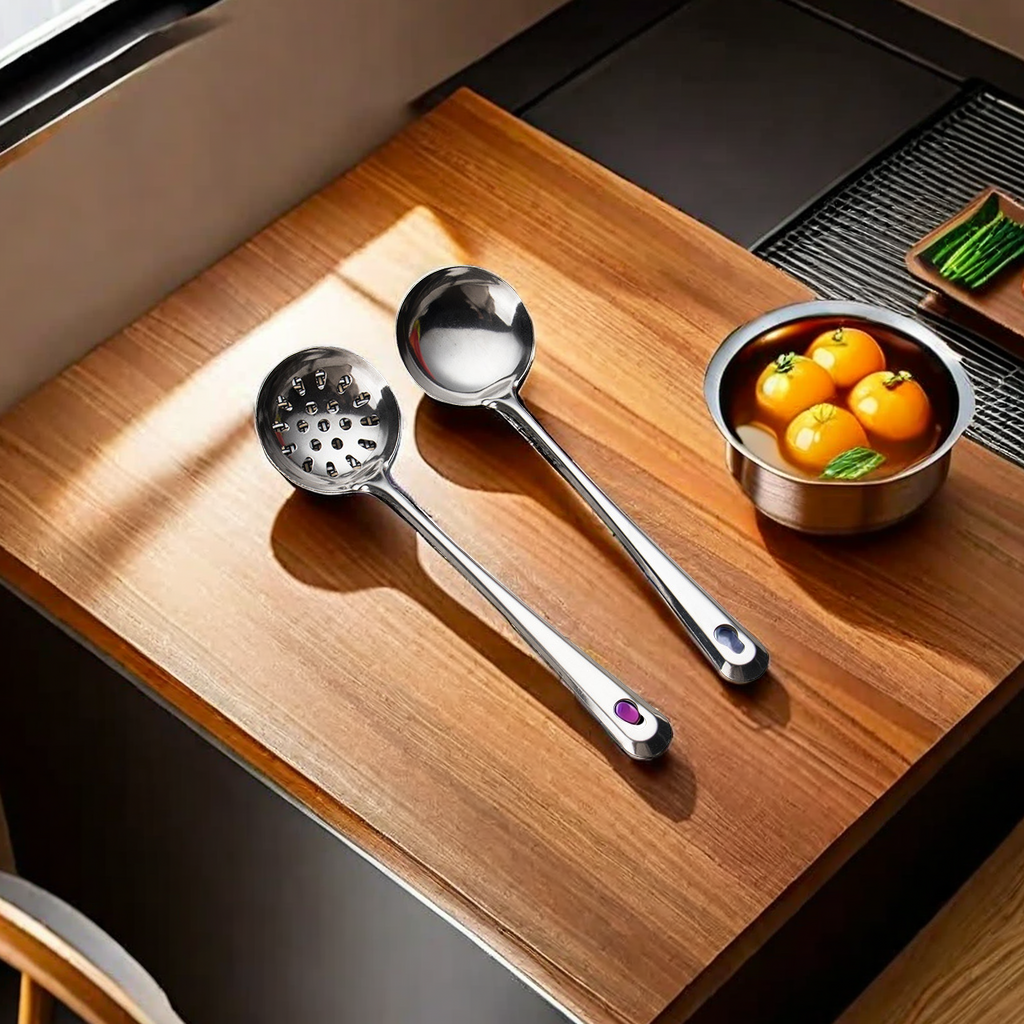 Kitchen Cooking Essentials Home Long Handle Stainless Steel Hot Pot Soup Shell Slotted Spoon Thick And Durable Pin Design Soup Spoon Soup Leakage Set Beautiful And Practical details Picture