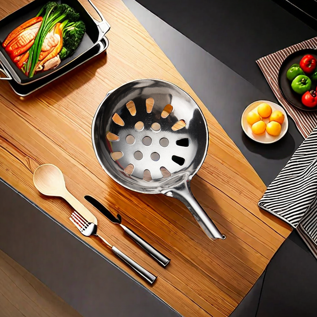 Kitchen Cooking Essentials Home Long Handle Stainless Steel Hot Pot Soup Shell Slotted Spoon Thick And Durable Pin Design Soup Spoon Soup Leakage Set Beautiful And Practical Specification drawing