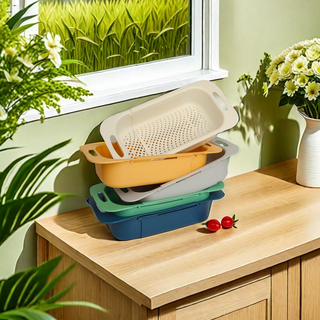 Cross-border wheat straw draining basket, household sink water filter basket, water pool vegetable basket, rectangular extendable draining rack, turnover box, practical and environmentally friendly Specification image