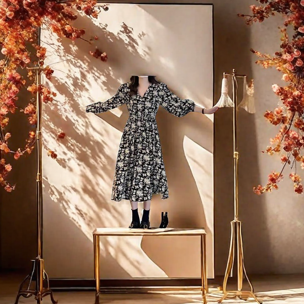 The new French dry rose floral dress for women's autumn and winter 2024 makes the dress look slender and long, exuding a goddess-like charm and outstanding temperament Application Scenario
