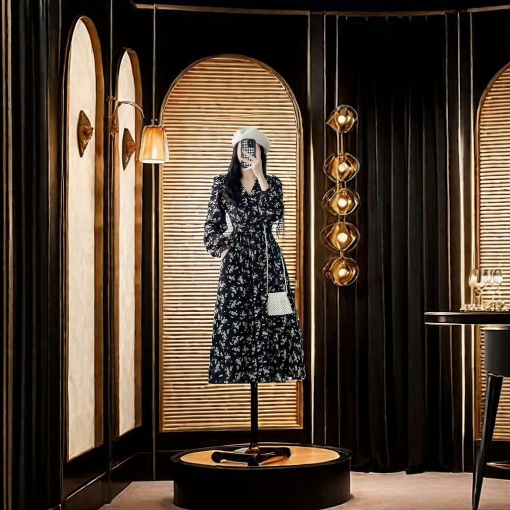 Spring 2024 new women's dress: High-waisted long dress, black floral print dress, unique French collar design, Hepburn style, elegant and refined dress Application Scenario