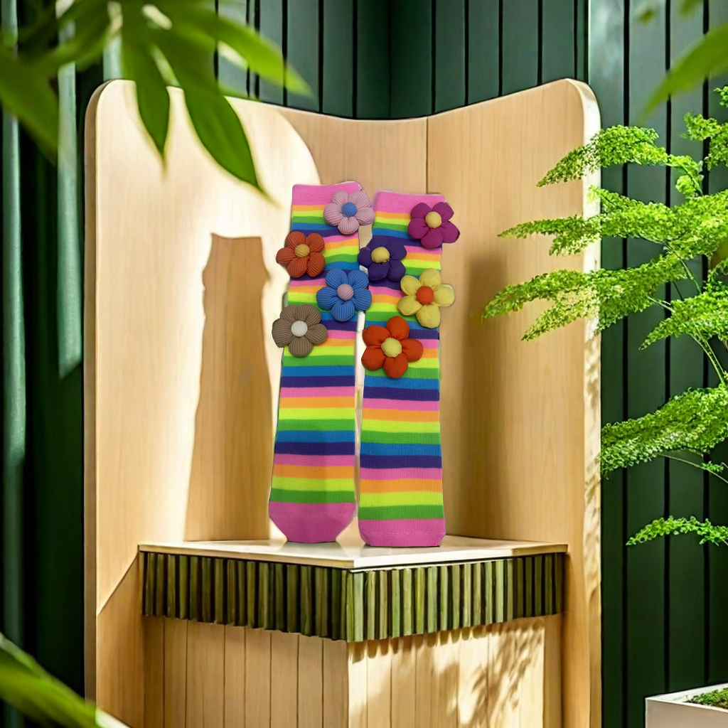 纯棉袜子女童款 立体花朵彩虹袜子童袜可爱卡通设计 舒适吸汗儿童袜
