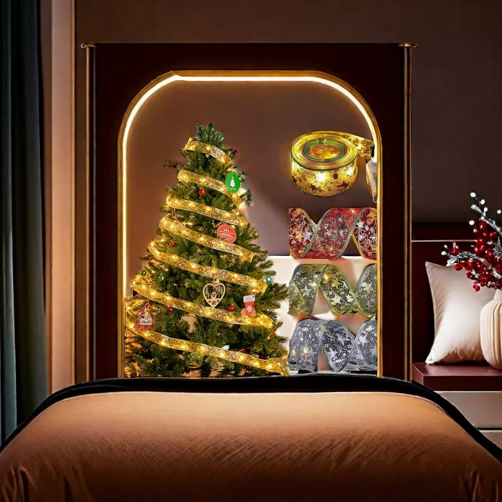 跨境新款圣诞节丝带装饰灯 灯彩带绸缎圣诞树点亮卧室 发光布房间装饰品工艺品