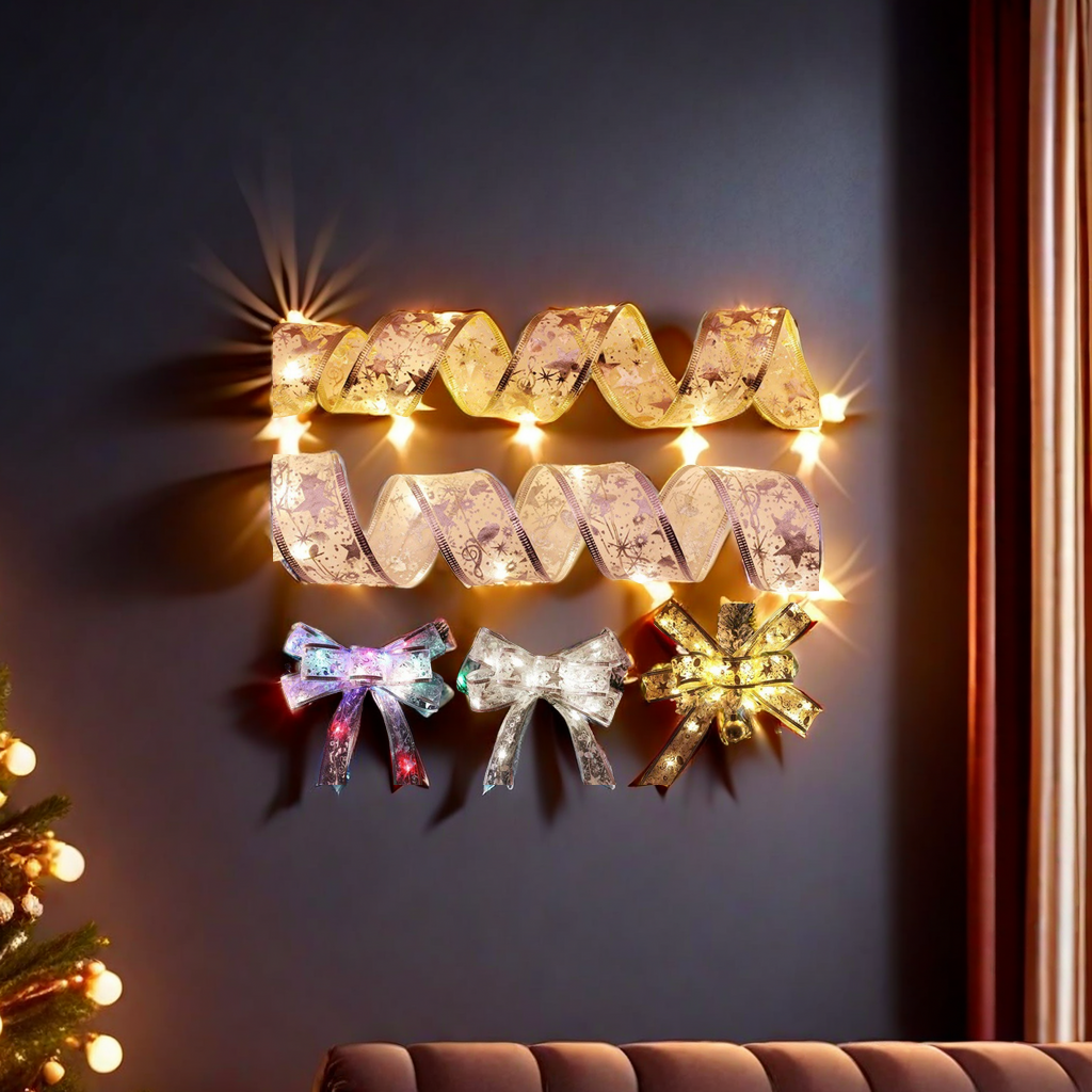 Cross-border new Christmas ribbon decorative lights, colorful ribbon silk Christmas trees, bedroom illuminated fabric room decoration handicrafts details Picture