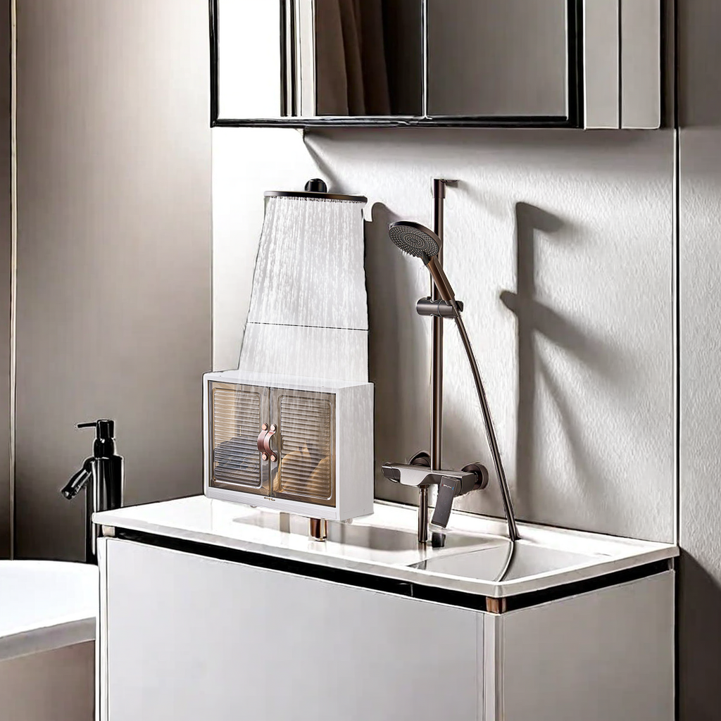 The wall-mounted bathroom storage cabinet with magnetic door, dust-proof design, washbasin, storage rack above the toilet, ceiling lamp and lighting function are integrated