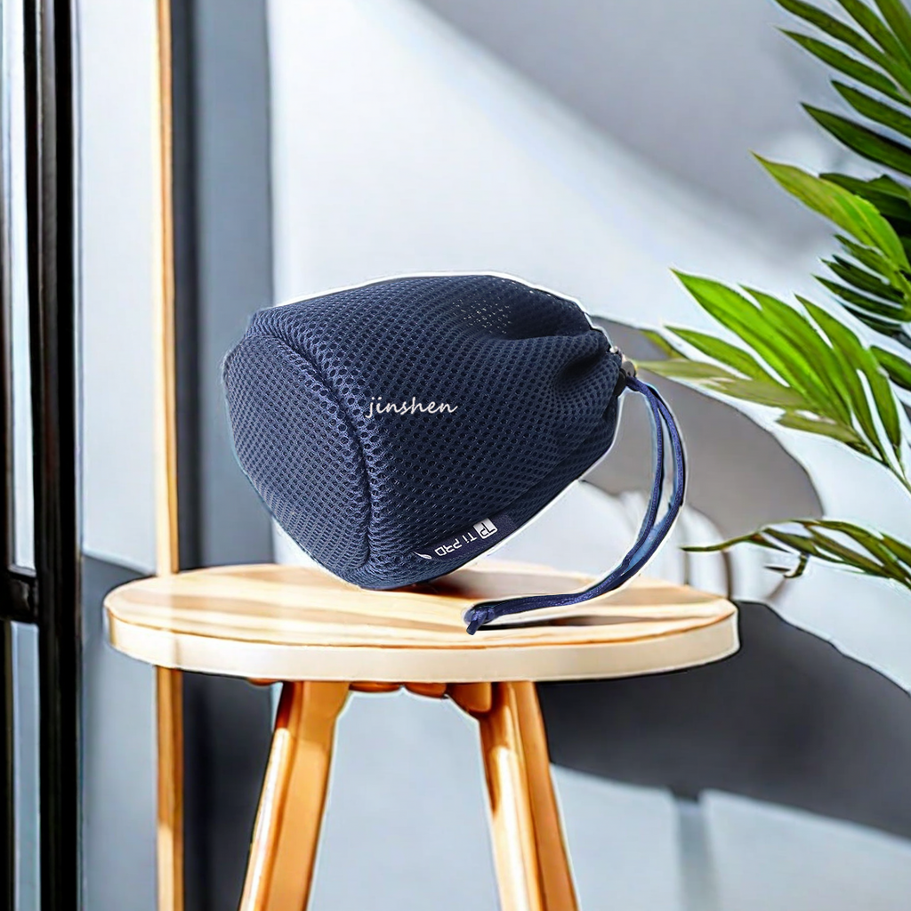 Hot-selling sandwich mesh small cloth bags, knitted cap style, round bottom mesh fabric audio bags, drawstring closure, portable earphone storage bags. Factory direct sales, high quality guaranteed details Picture
