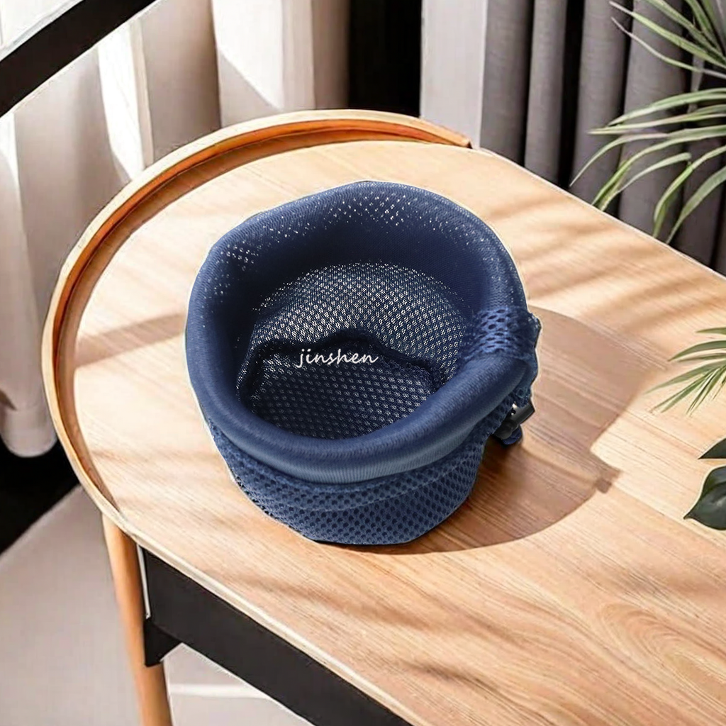 Hot-selling sandwich mesh small cloth bags, knitted cap style, round bottom mesh fabric audio bags, drawstring closure, portable earphone storage bags. Factory direct sales, high quality guaranteed Specification image