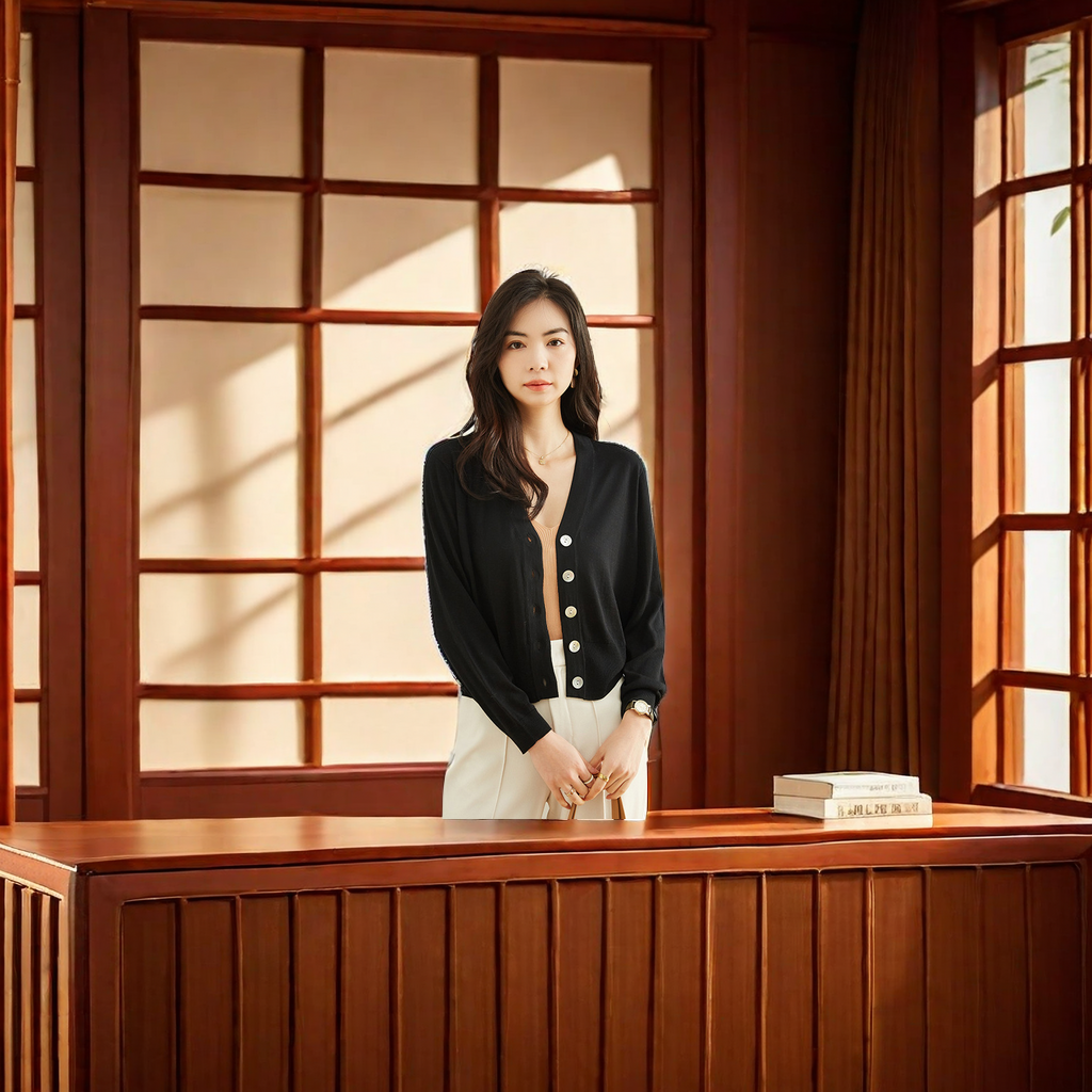 2024 Dopamine Women's Slimming Cardigan 18-stitch 120s ultra-fine all-wool seamless knitted sweater, versatile top sweater, fashionable, warm and elegant details Picture