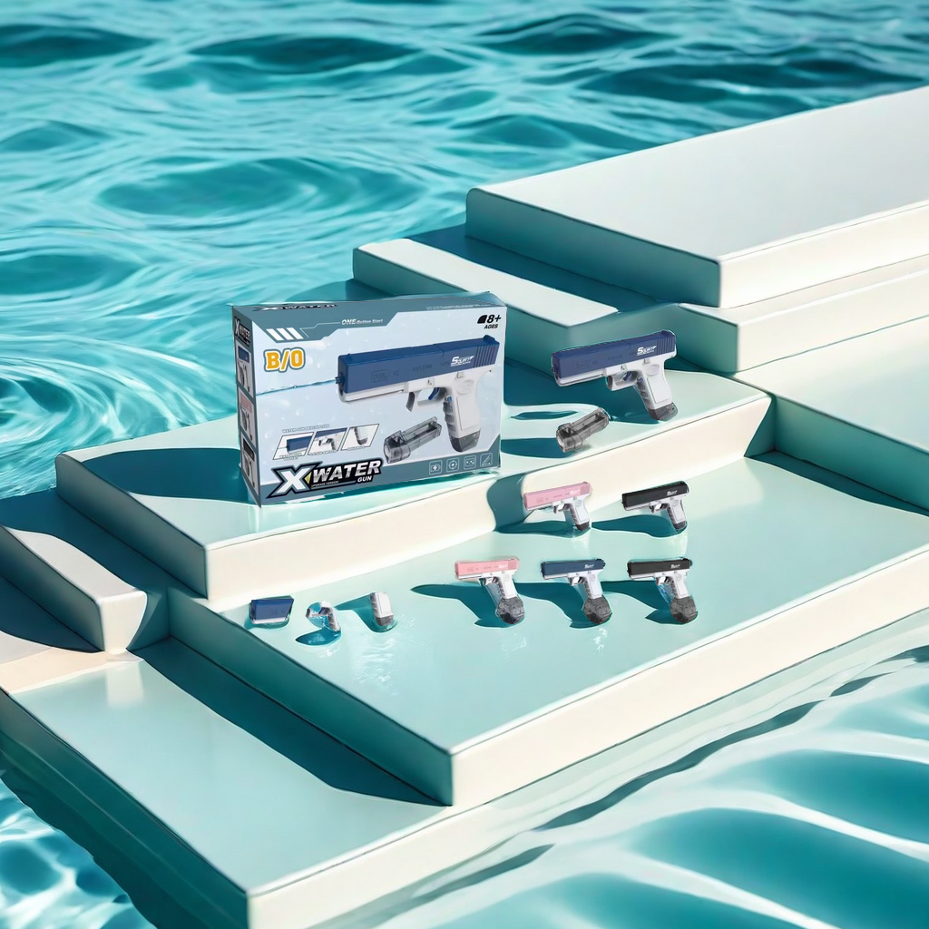 The water gun for children's summer outdoor use features dual magazines for water shooting and charging, with a charging function for 6 to 7 meters Application Scenario