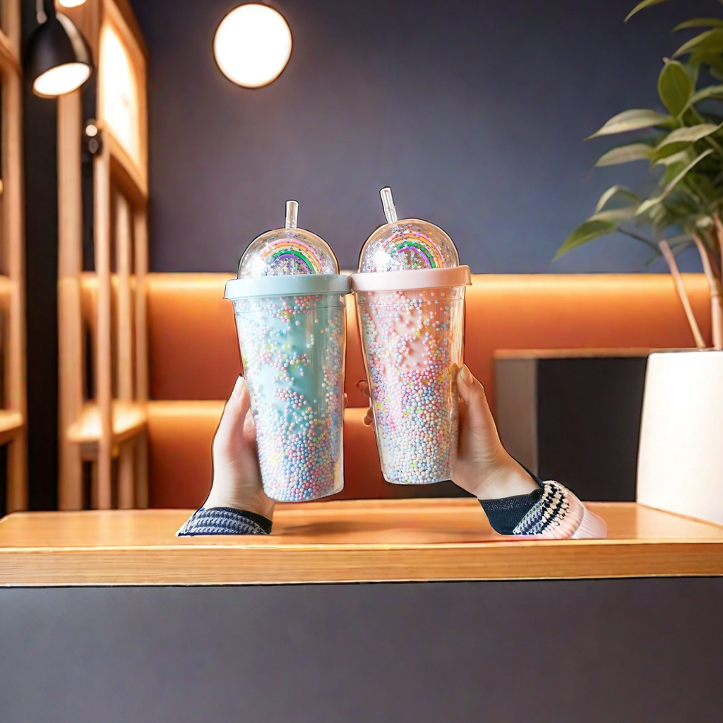 Korean double-layer plastic cup with straw, popular Instagram style, girlish water cup, home, office, breakfast, milk and juice cup with storage bucket