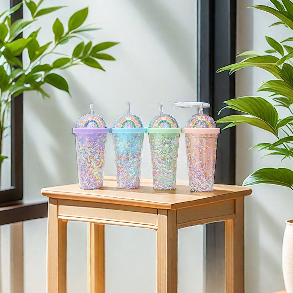 Korean double-layer plastic cup with straw, popular Instagram style, girlish water cup, home, office, breakfast, milk and juice cup with storage bucket details Picture