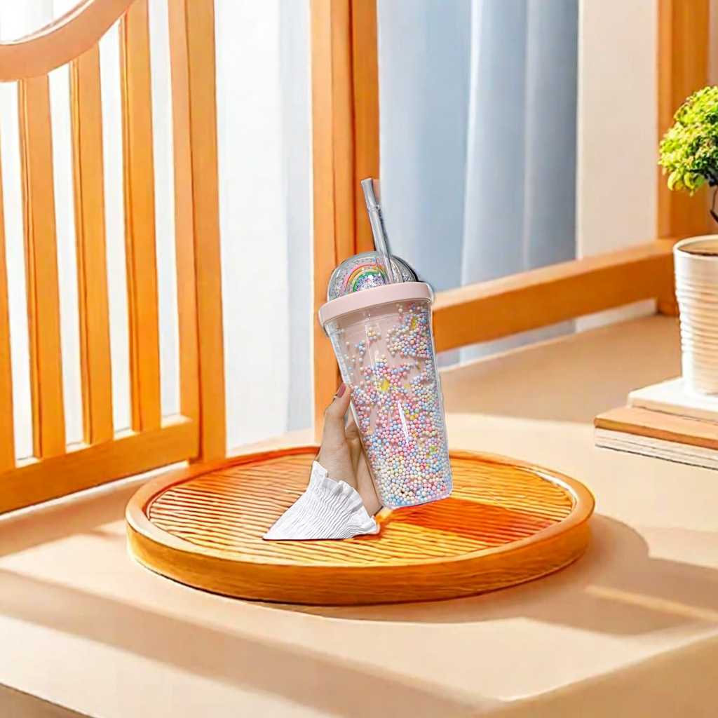 Korean double-layer plastic cup with straw, popular Instagram style, girlish water cup, home, office, breakfast, milk and juice cup with storage bucket Specification image