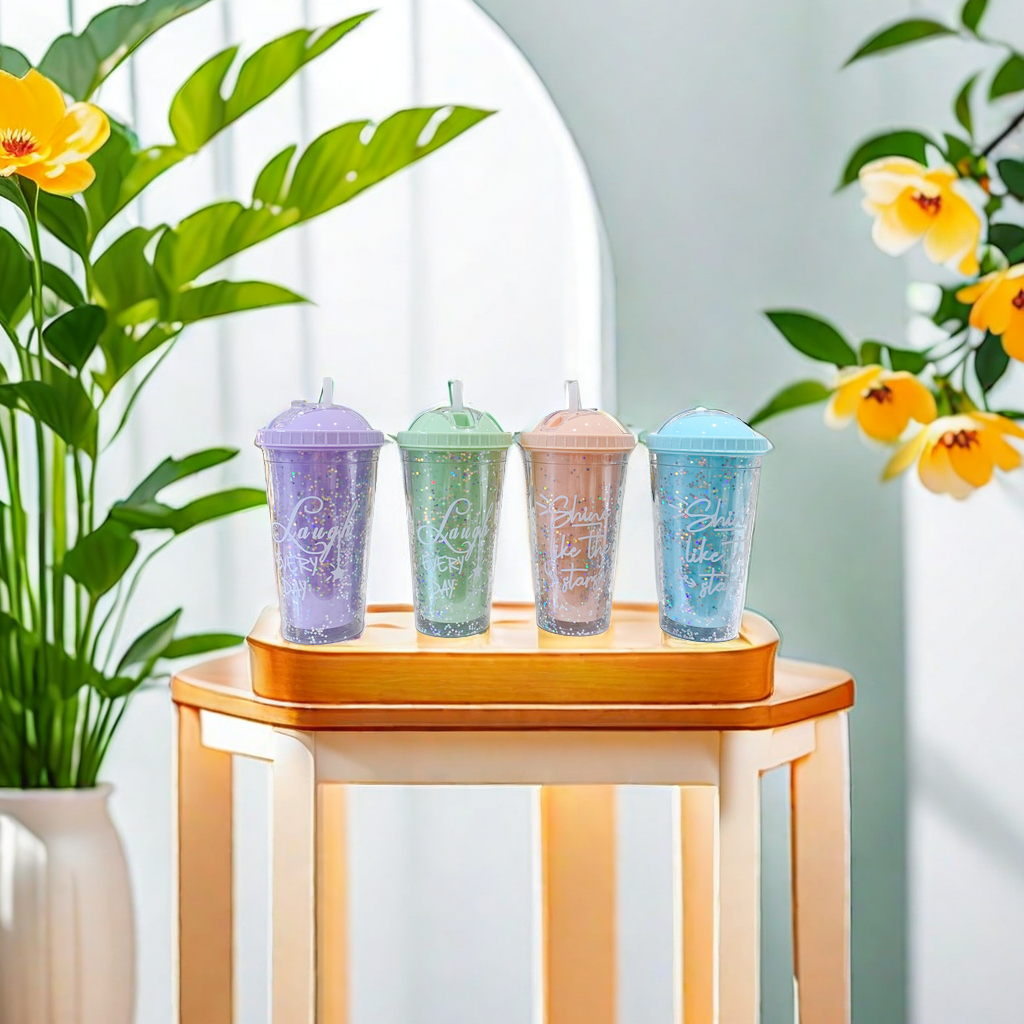 Korean double-layer plastic cup with straw, popular Instagram style, girlish water cup, home, office, breakfast, milk and juice cup with storage bucket Application Scenario