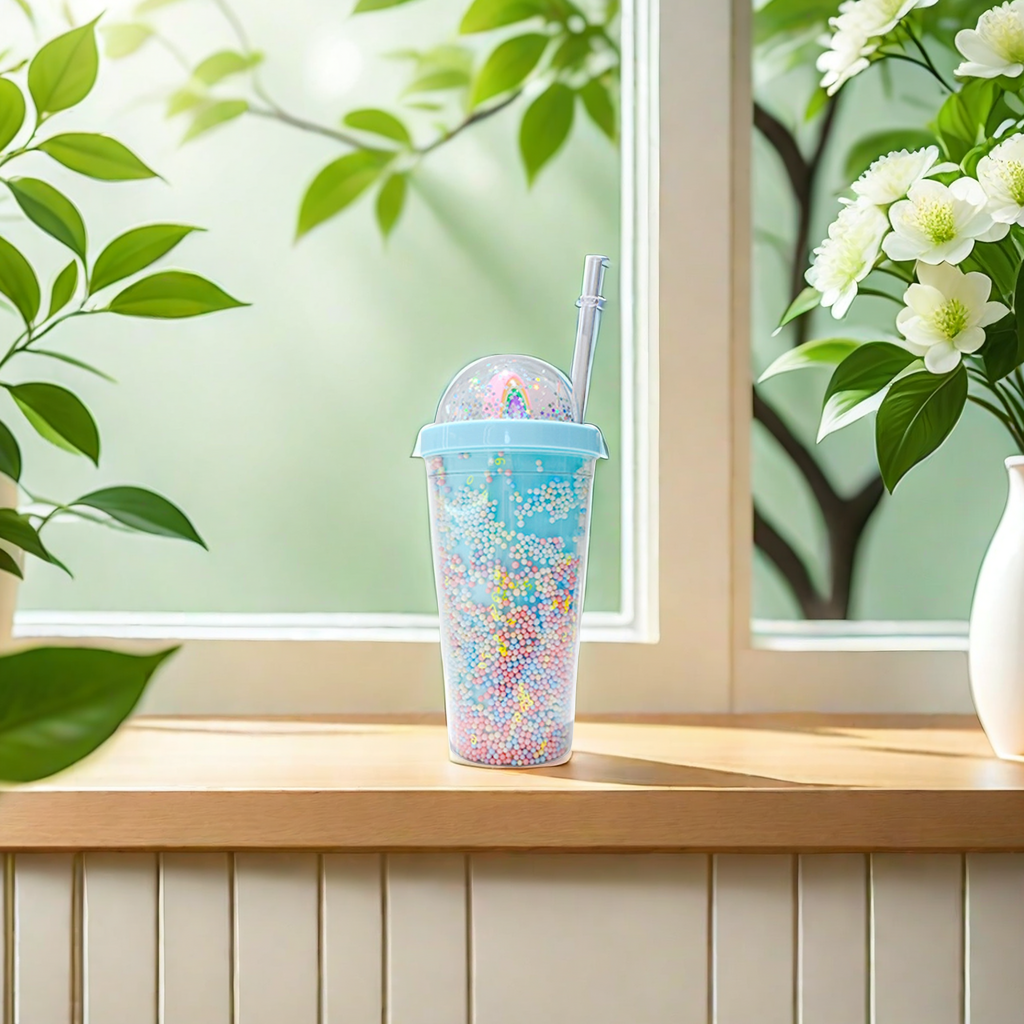 Korean double-layer plastic cup with straw, popular Instagram style, girlish water cup, home, office, breakfast, milk and juice cup with storage bucket Item Picture