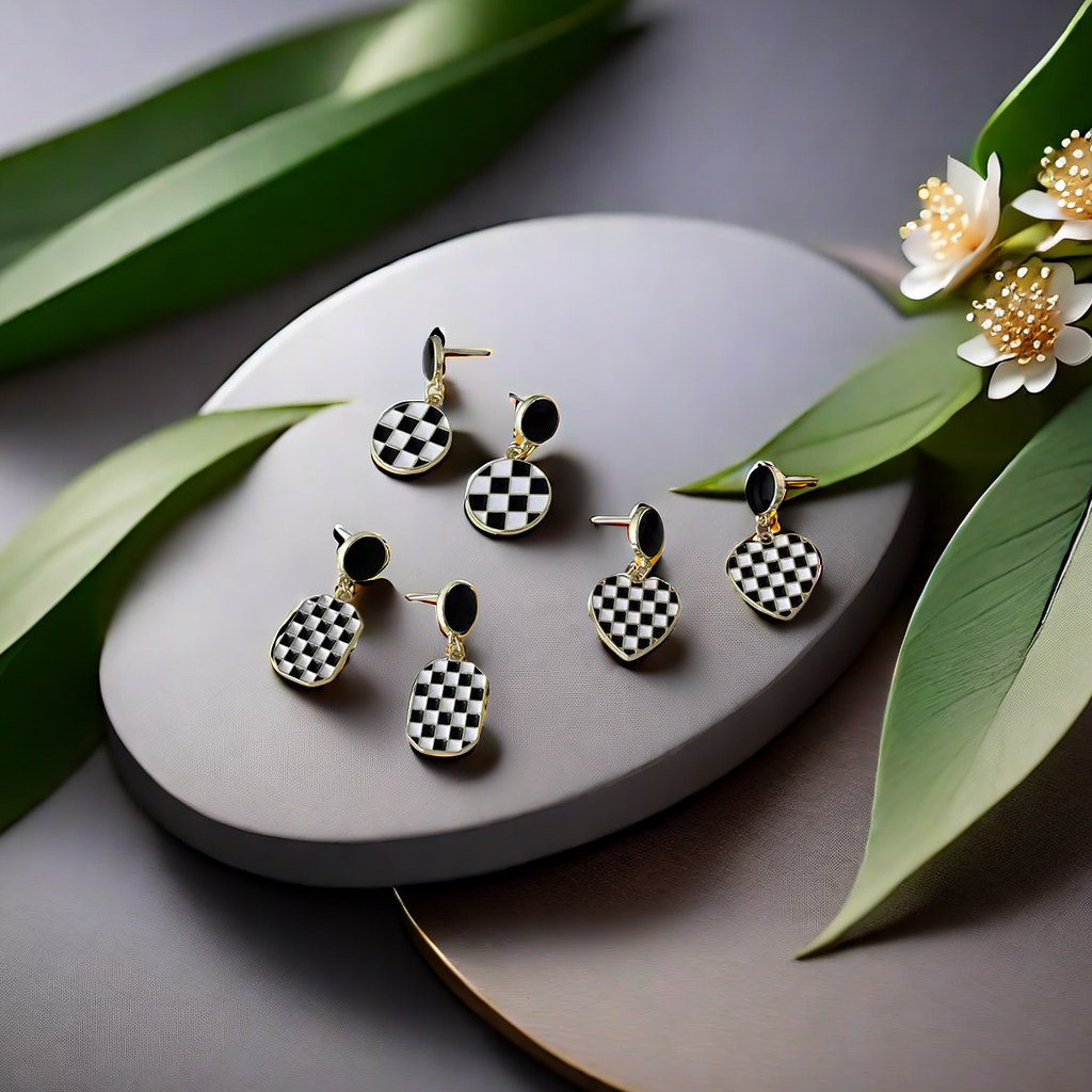 女士欧美流行棋格子风格耳钉饰品饰品 黑白格子图案耳钉耳环