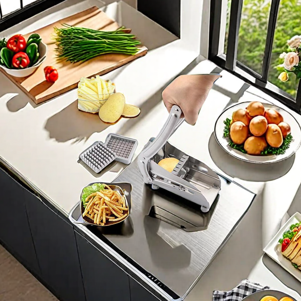 The best-selling cross-border kitchen household potato cutter, a stainless steel multi-functional potato and cucumber cutter, comes with a free staples Specification image