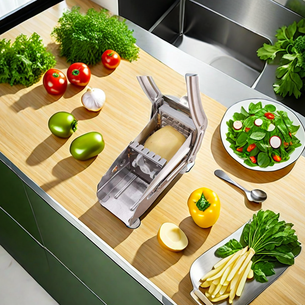 The best-selling cross-border kitchen household potato cutter, a stainless steel multi-functional potato and cucumber cutter, comes with a free staples Application Scenario