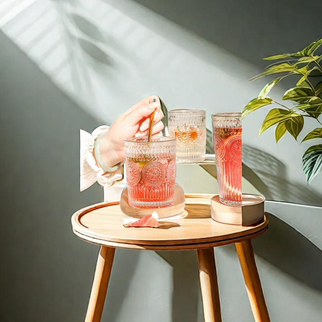 Vintage Embossed Gold Rim Glass Ins Wind Sun Flower Water Cup Tea Cup Juice Cup Home Transparent Gift Cup Unique Design Glass Cup details Picture