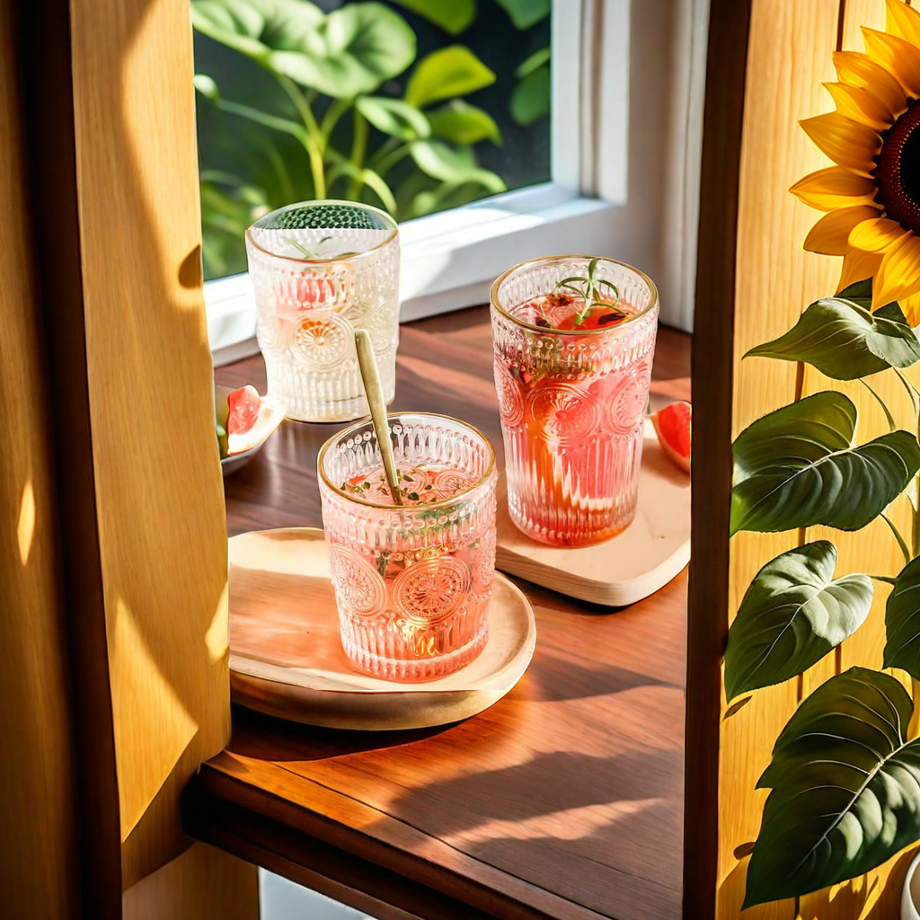 Vintage Embossed Gold Rim Glass Ins Wind Sun Flower Water Cup Tea Cup Juice Cup Home Transparent Gift Cup Unique Design Glass Cup Specification drawing