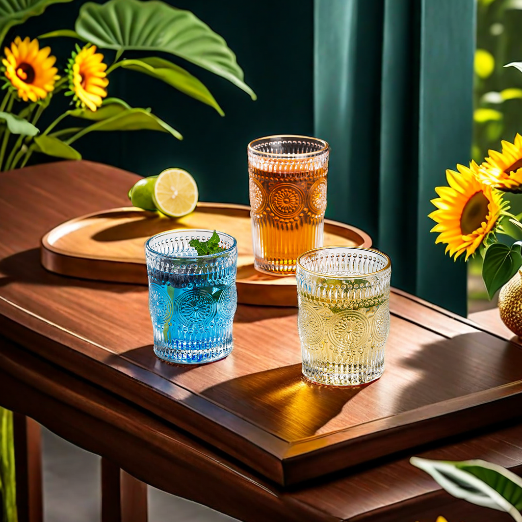Vintage Embossed Gold Rim Glass Ins Wind Sun Flower Water Cup Tea Cup Juice Cup Home Transparent Gift Cup Unique Design Glass Cup Application Scenario