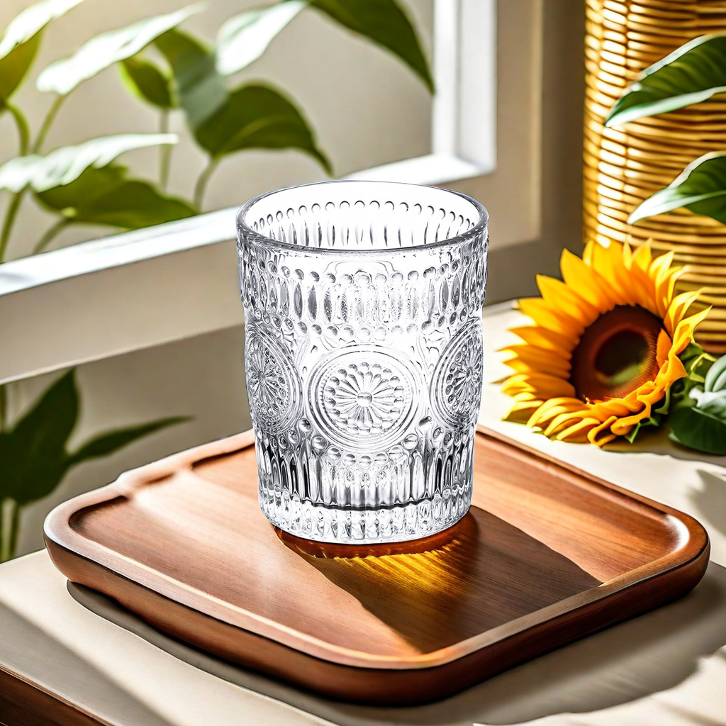 Vintage Embossed Gold Rim Glass Ins Wind Sun Flower Water Cup Tea Cup Juice Cup Home Transparent Gift Cup Unique Design Glass Cup Item Picture