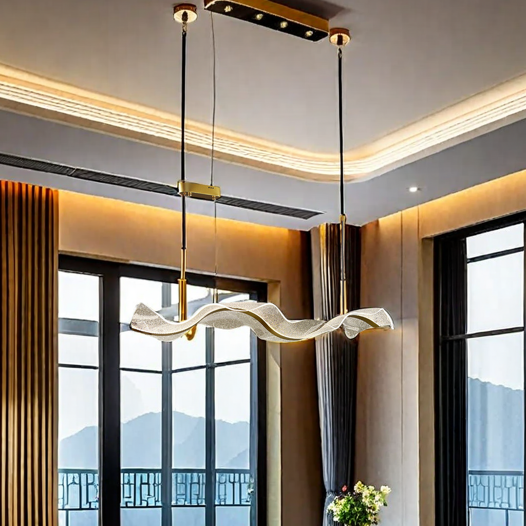 The popular 5258 light luxury ribbon creative pendant lamp, modern silk wavy long strip dining room pendant lamp, bar table lamp, dining room pendant lamp, exquisite decorative lighting fixtures Application Scenario