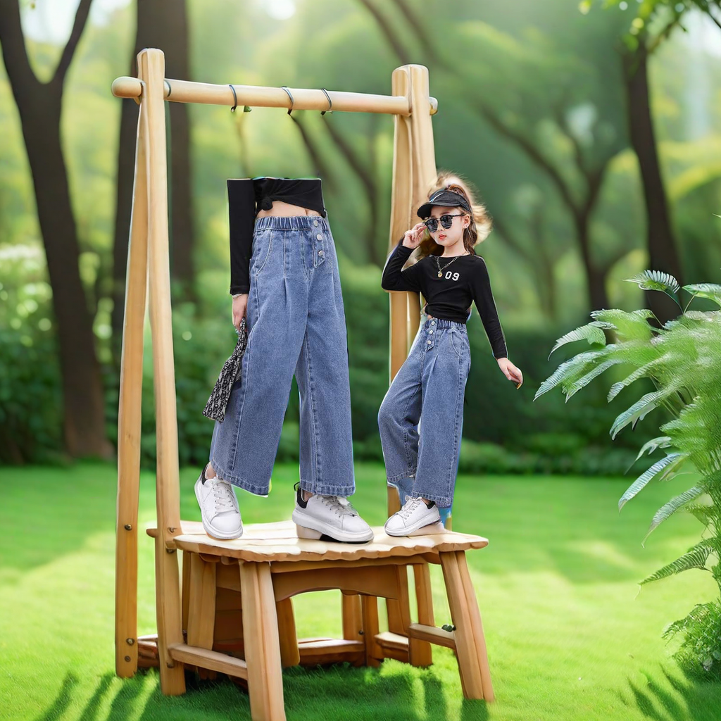 2024 New Spring And Autumn Girls Loose Wide-Leg Jeans Long Leg Pants Big Children Children Wear Pants Summer New Girls Jeans