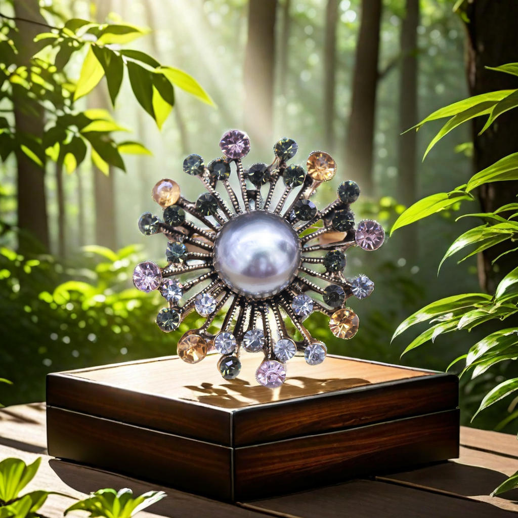 The retro gold brooch and round pearl pin exude a fashionable and elegant charm