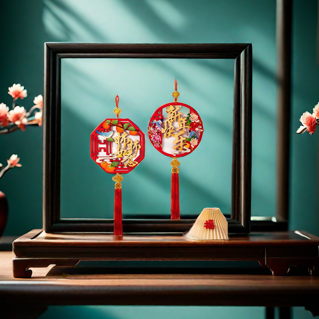 Festive wooden decorative items for the Spring Festival, window decorations, "Fu" characters, door ornaments, and home decorations to welcome the New Year joyfully details Picture