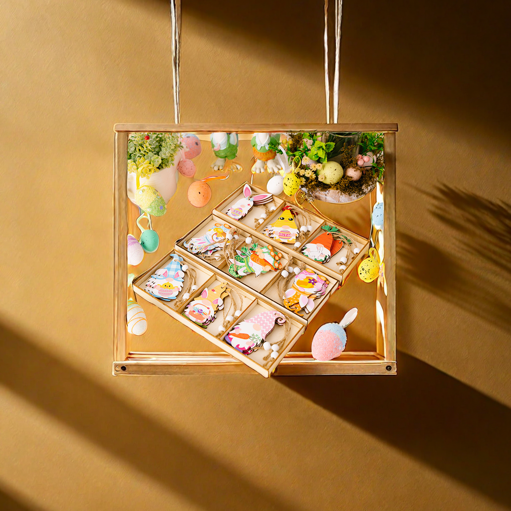 Hao Bei Cross-border's new Easter decorative items 3-compartment wooden box, wooden radish dwarf pendant, exquisite handicraft, essential for festive atmosphere decoration