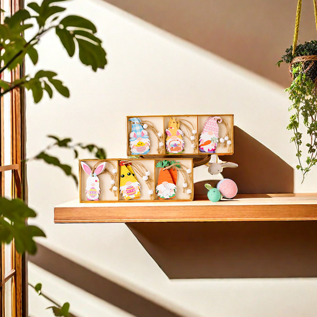 Hao Bei Cross-border's new Easter decorative items 3-compartment wooden box, wooden radish dwarf pendant, exquisite handicraft, essential for festive atmosphere decoration details Picture