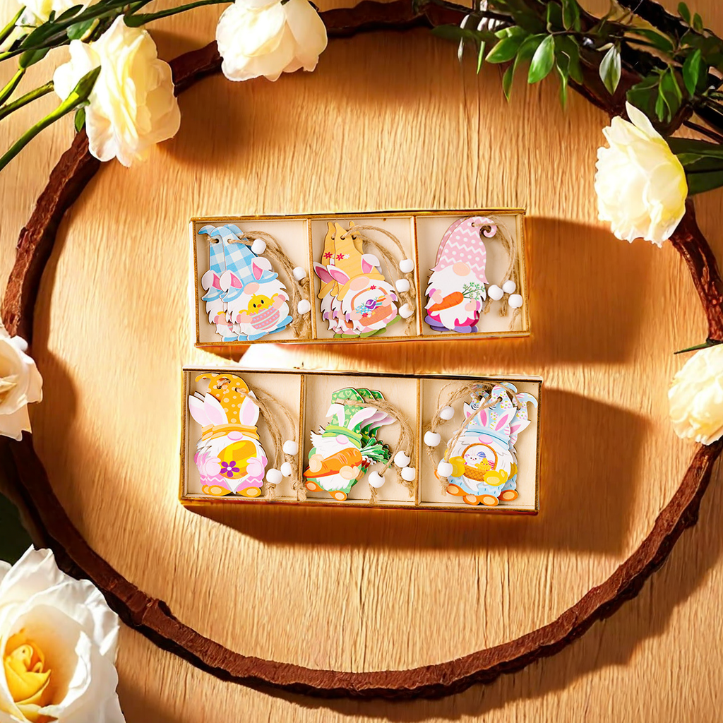 Hao Bei Cross-border's new Easter decorative items 3-compartment wooden box, wooden radish dwarf pendant, exquisite handicraft, essential for festive atmosphere decoration Specification image