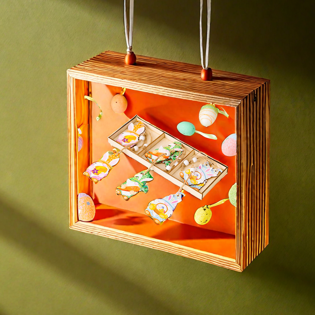 Hao Bei Cross-border's new Easter decorative items 3-compartment wooden box, wooden radish dwarf pendant, exquisite handicraft, essential for festive atmosphere decoration Item Picture