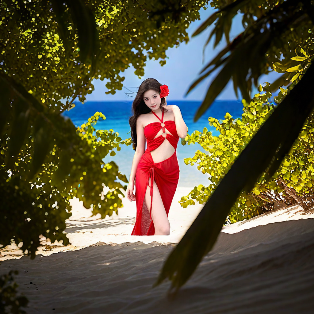 2024 The New Red Sexy Bikini Women's Swimsuit Small Chest Gathering To Slimming Backless Split Design
