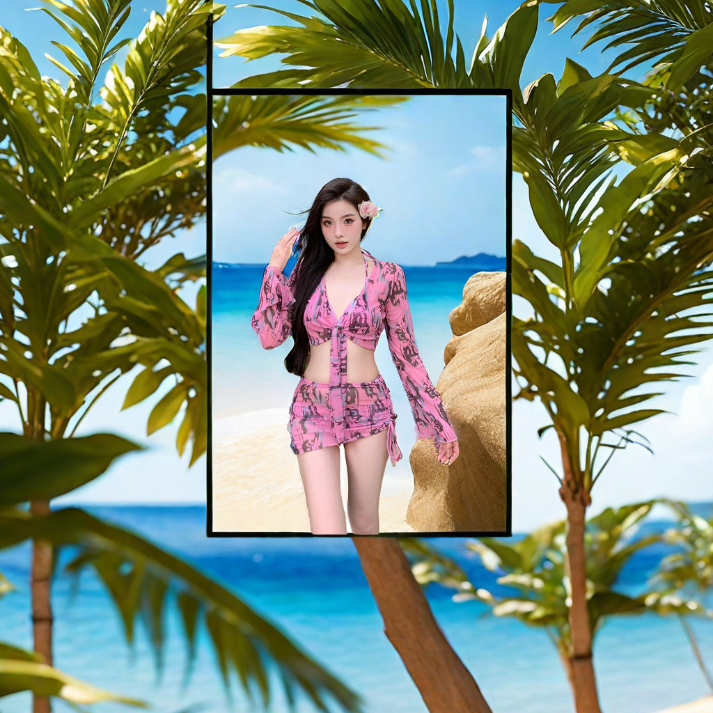 Temperament Goddess Small Fragrance Bikini Four-Piece Swimsuit Women's Sweet Fairy Pure Desire Halter Swimsuit Spice Girl Style Beach Vacation Must-Have