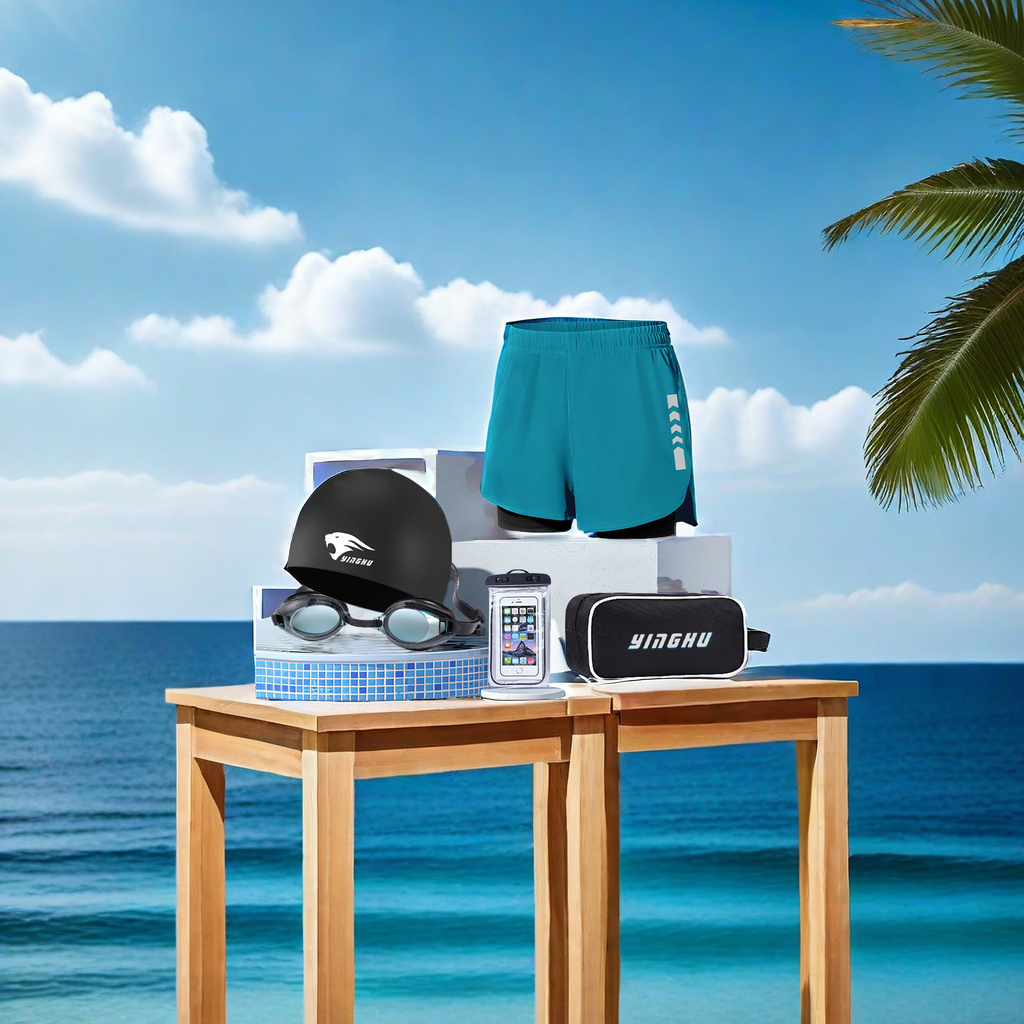 Men's swimming trunks, swimming caps, swimming goggles, three-piece swimming equipment, professional hot spring soaking, anti-embarrassment beach pants, men's style, comfortable, breathable, quick-drying