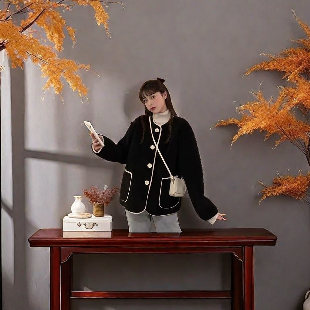 2023 New autumn and winter women's chanel-style lambskin coat, high-end, warm, loose and versatile cardigan top, other categories selected