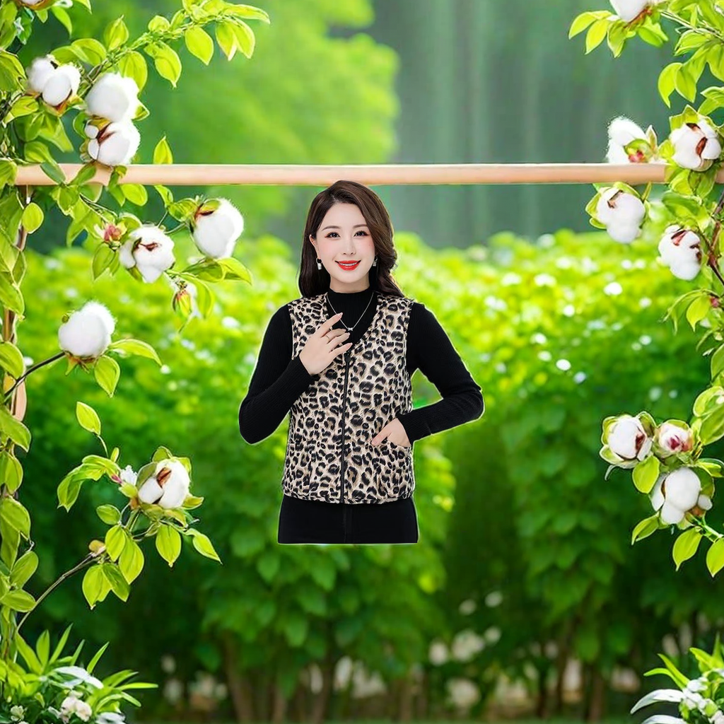 The new Spring and Autumn women's fashion floral cotton vest is worn over the vest with a zipper design. It is a short, warm and elastic milk silk waistcoat and comes with a beautiful scarf